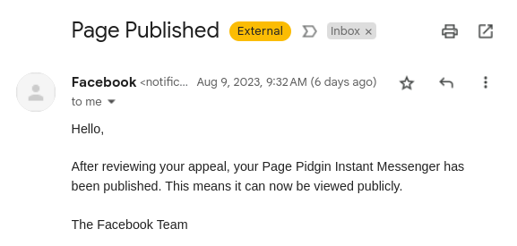 E-mail from Facebook saying our page has been published again.